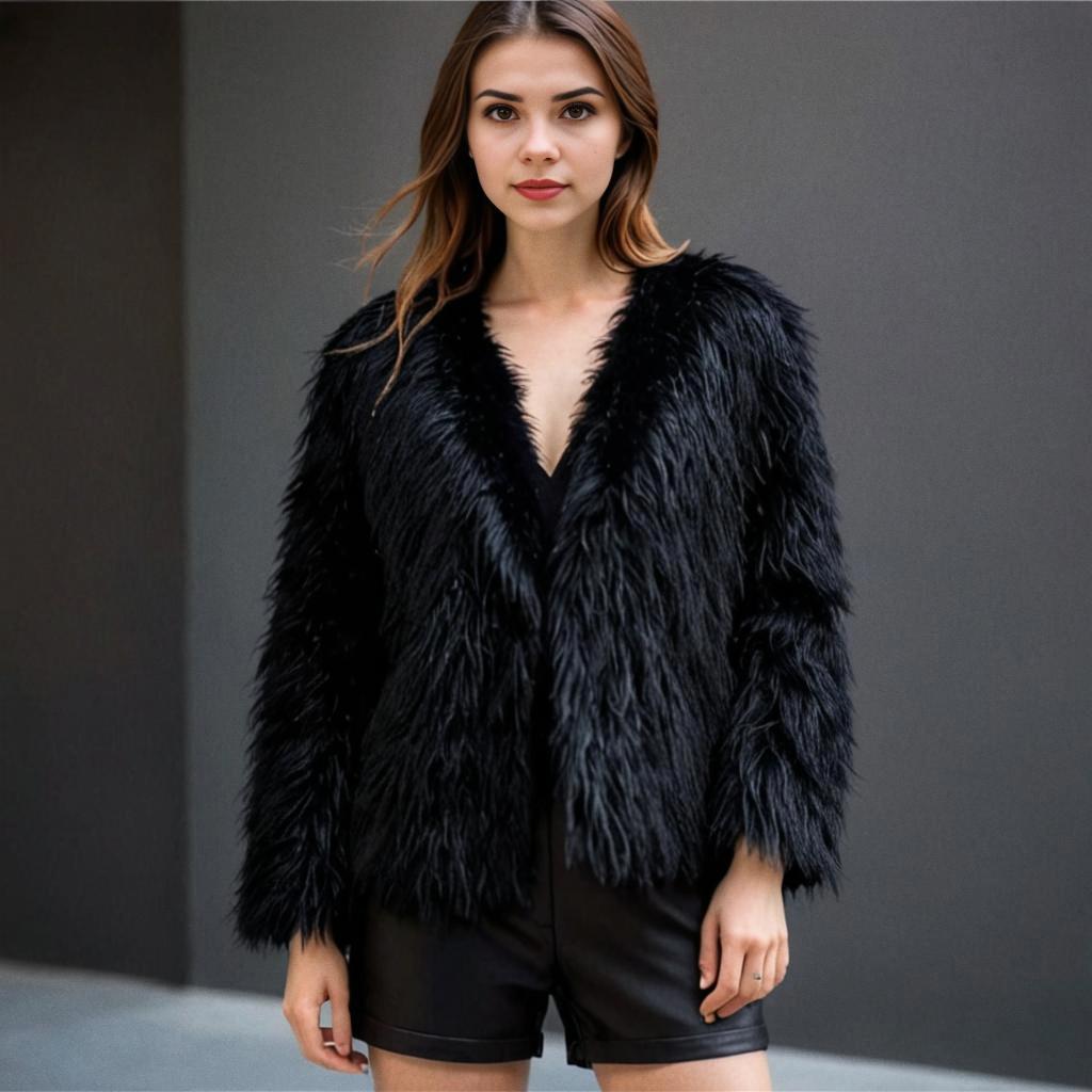 Chic Black Faux Fur Jacket with Shorts