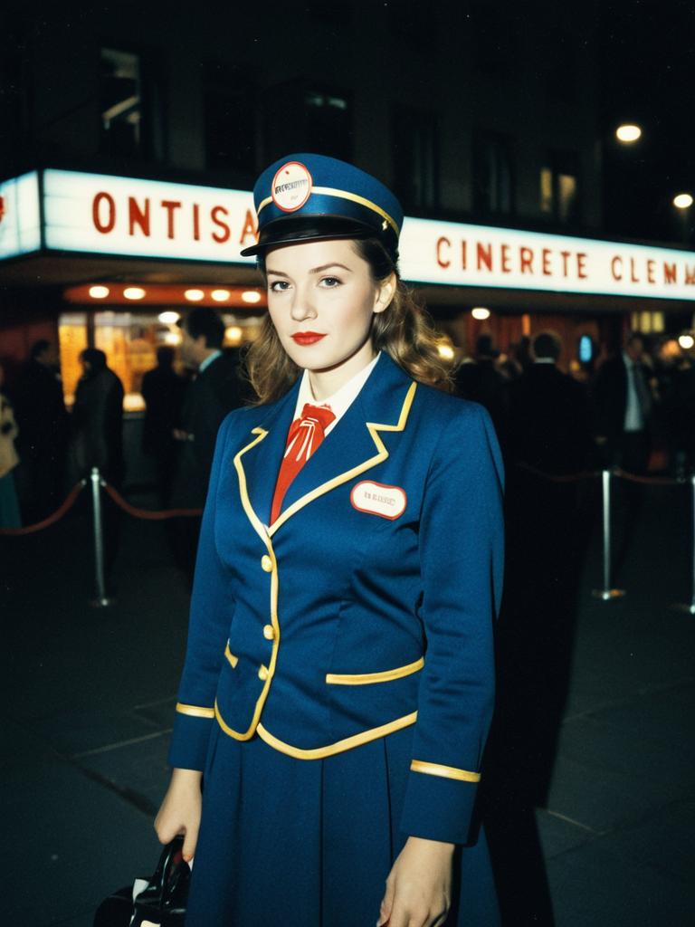 Woman in Classic Cinema Usherette Costume Outside Vintage Movie Theater