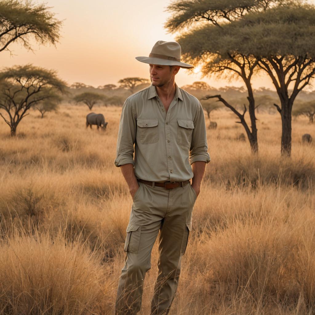 Man in Safari Attire at Sunset in African Savannah