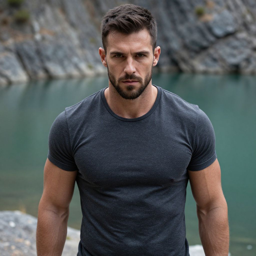 Athletic Man in Dark Gray T-Shirt Standing by Rocky Lake