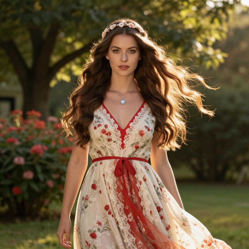 Beautiful Woman in Bohemian Floral Dress and Flower Crown in Garden