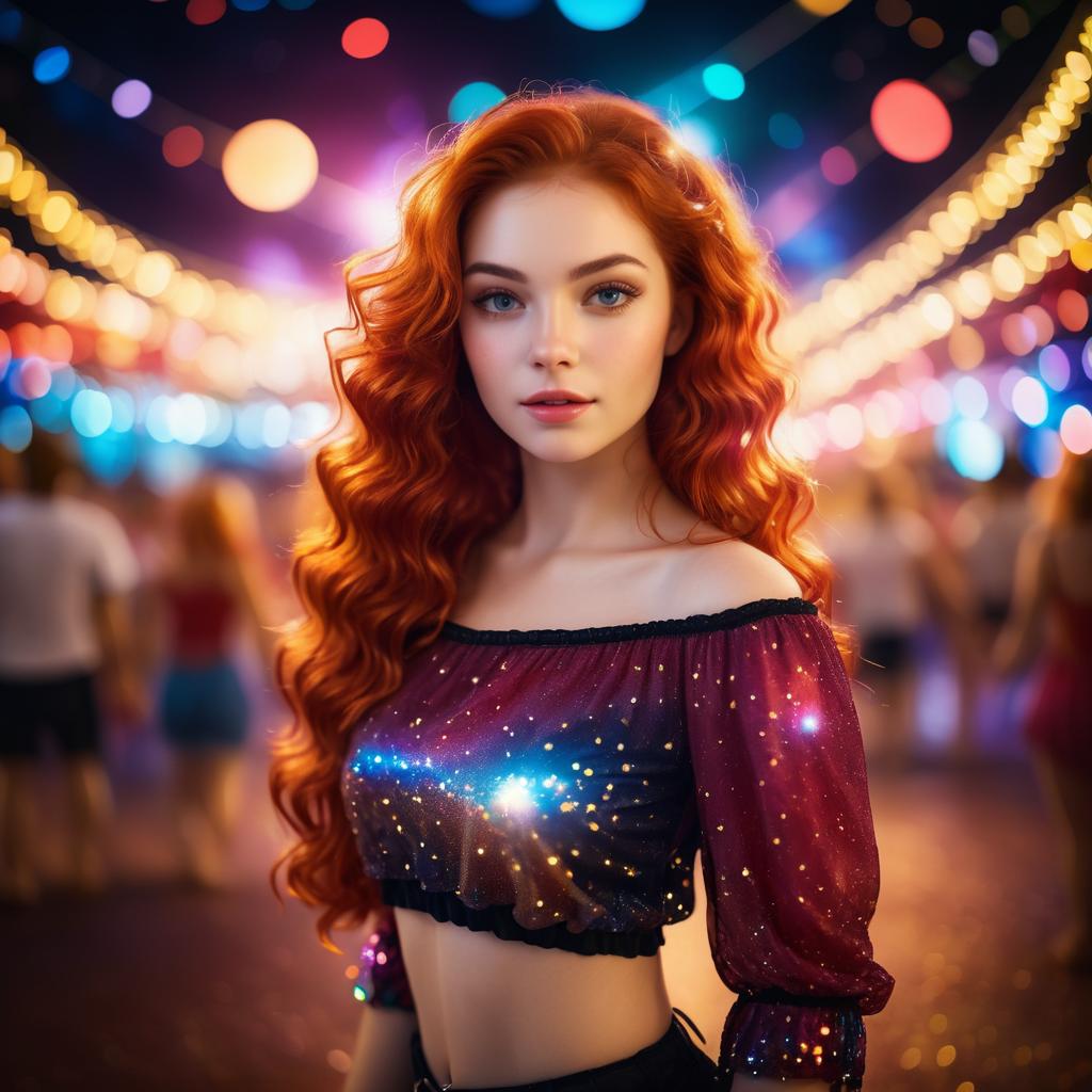 Confident Young Woman with Red Hair in Colorful Lights