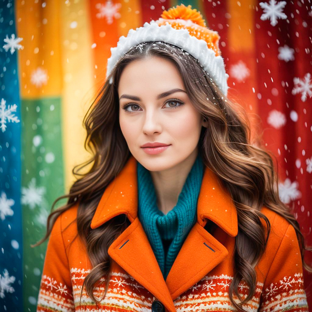 Young Woman in Orange Coat Against Rainbow Background Young Woman in Orange Coat Against Rainbow Background