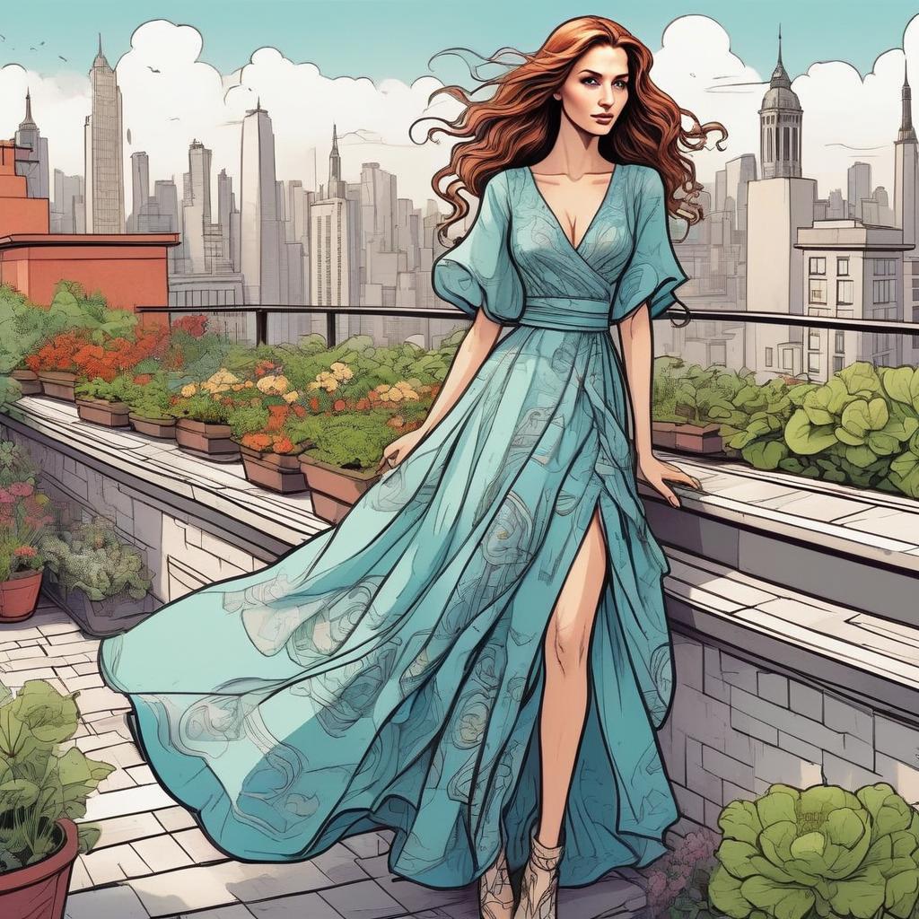 Stylish Woman in Blue Dress on Rooftop Garden Stylish Woman in Blue Dress on Rooftop Garden