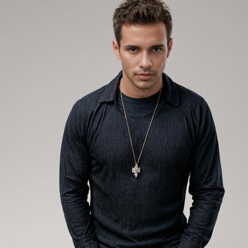 Confident young man in casual dark shirt with pendant necklace