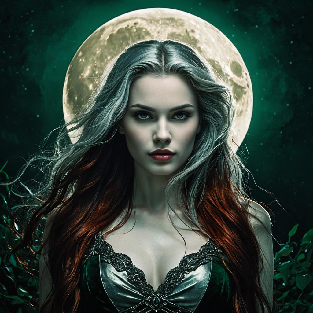Mystical Woman Under Full Moon Fantasy Portrait