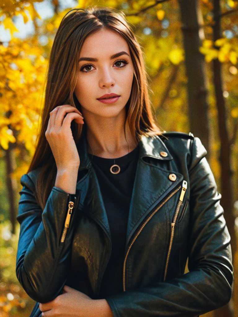 Chic Woman in Autumn Leaves