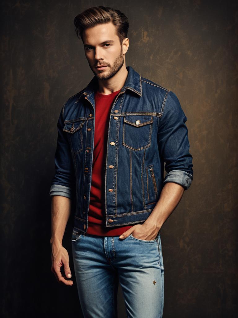 Stylish Man in Denim Jacket and Jeans Photorealistic Fashion Portrait