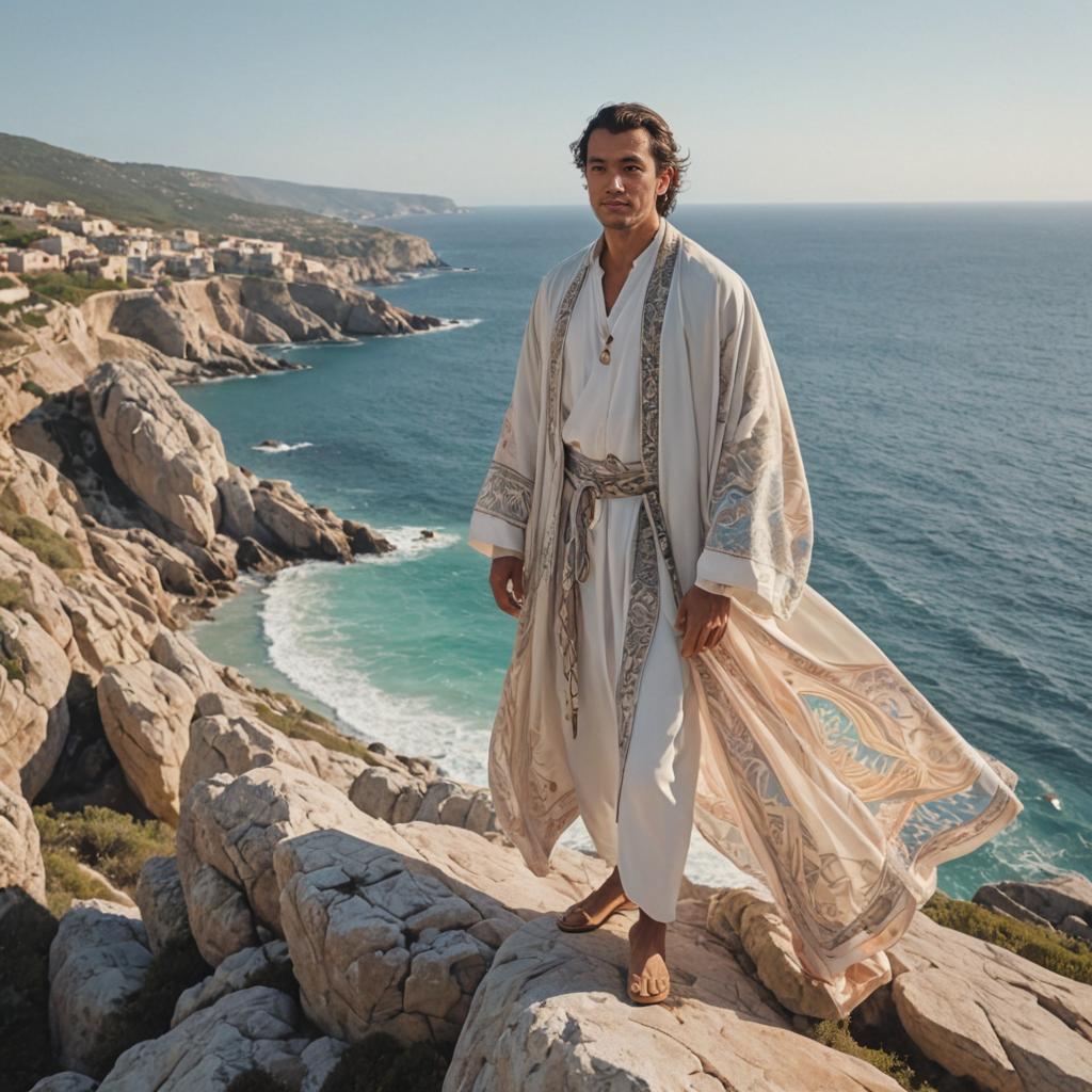 Man in Elegant White Robe on Rocky Cliffside Above Ocean