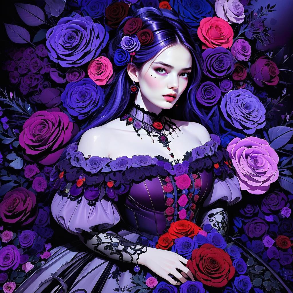 Victorian Woman in Purple Gown with Roses