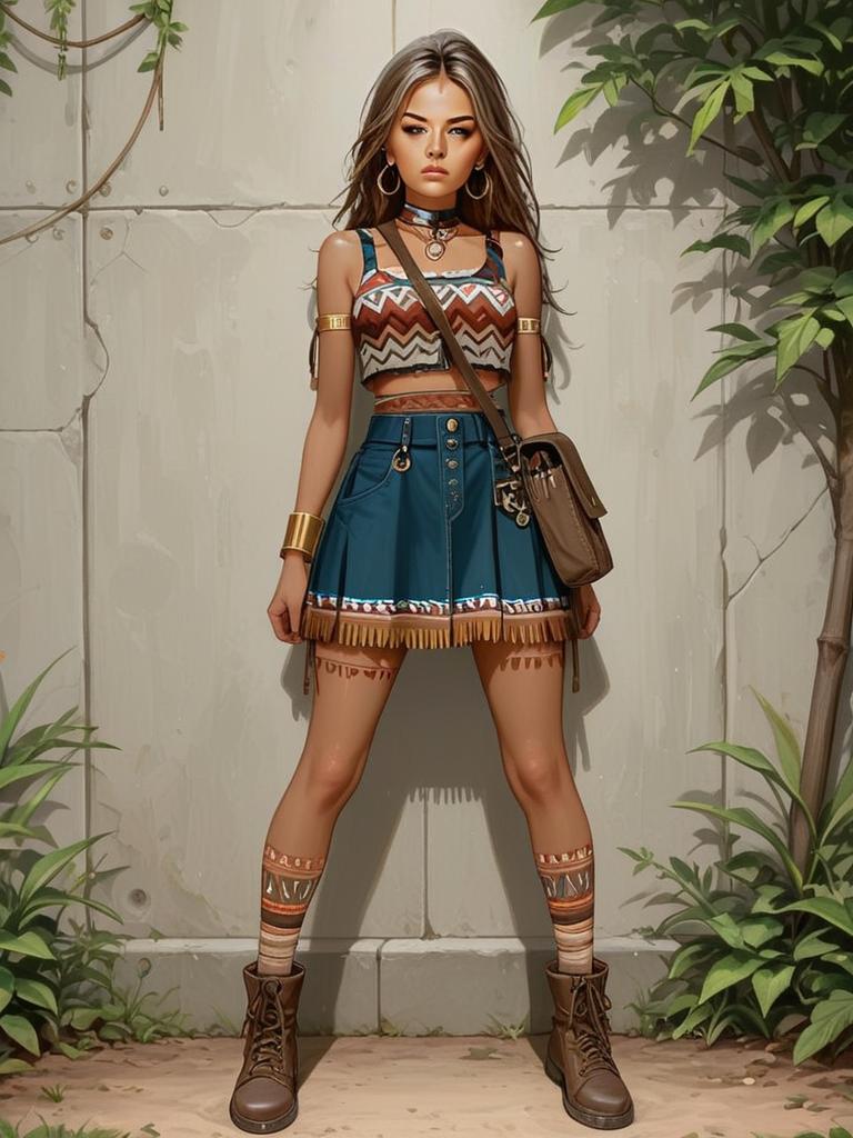 Realistic Full Body Portrait of Woman in Bohemian Patterned Tank Top and Skirt