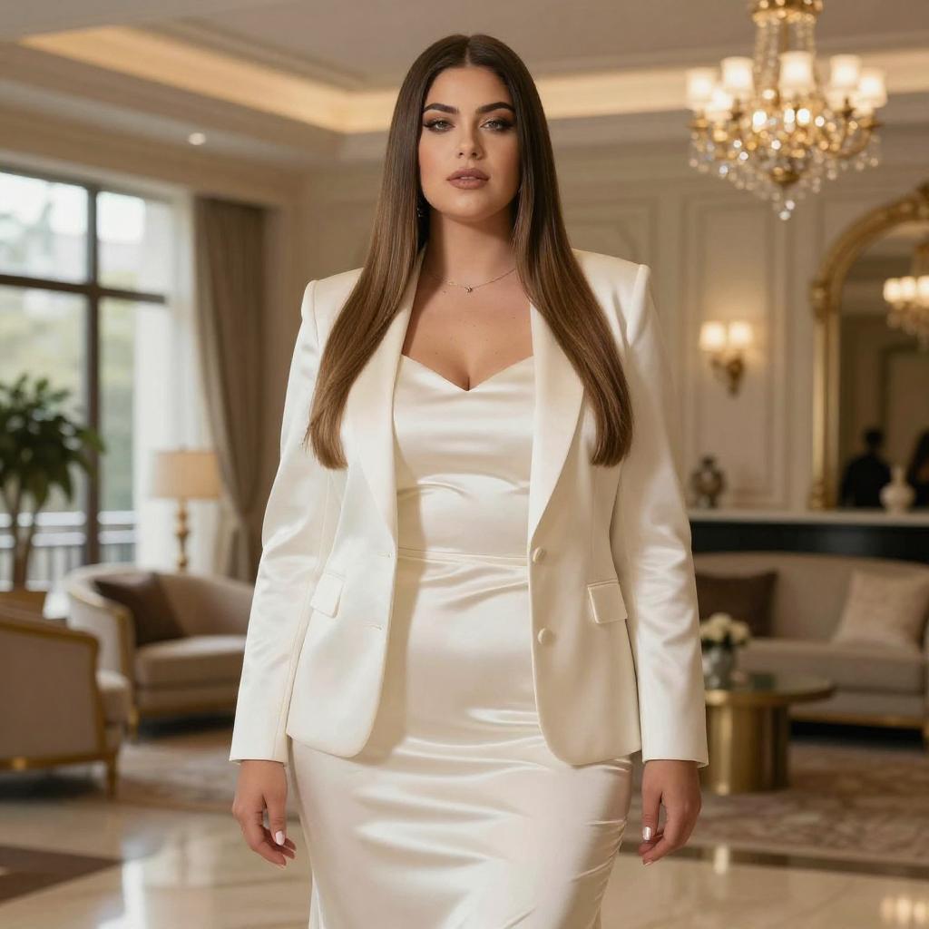 Elegant Woman in White Satin Dress and Blazer in Luxurious Interior