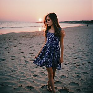 Young Woman Walking on Beach at Sunset in Blue Floral Dress