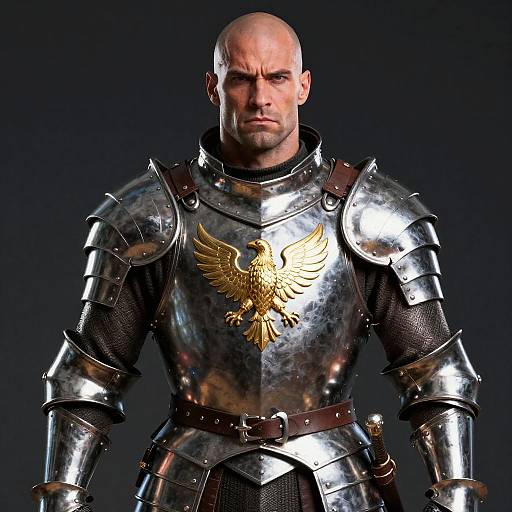 Man in Full Medieval Plate Armor with Golden Eagle Emblem