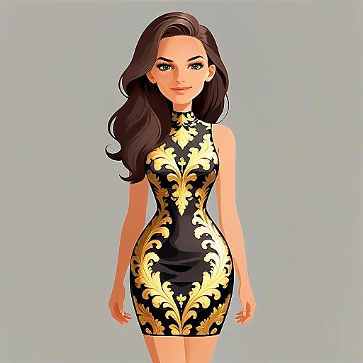 Stylized Illustration of Woman in Black and Gold Baroque Evening Dress