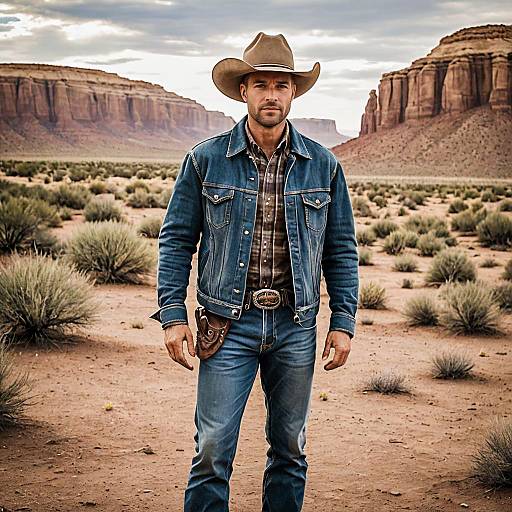 Cowboy in Denim Jacket Standing in Desert with Red Rock Formations