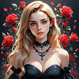 Blonde Woman in Black Dress with Red Roses
