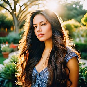 Woman in Soft Sunlight with Lush Greenery