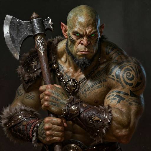 Fierce Orc Warrior with Tribal Tattoos and Battle Axe Digital Artwork