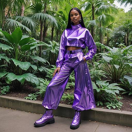 Woman in Shiny Metallic Purple Outfit Outdoors in Greenery