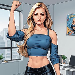 Confident Blonde Woman Raising Fist in Modern Office - Digital Comic Illustration