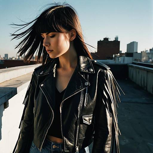 Young Woman in Black Leather Fringe Jacket on Rooftop Urban Background