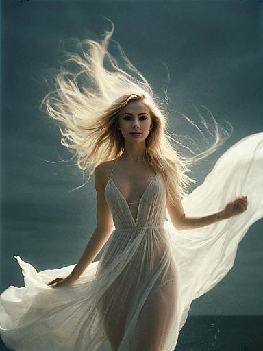 Ethereal Blonde Woman in Flowing White Dress by Wind