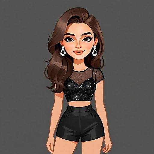 Stylish Woman in Black Sequined Crop Top and High-Waisted Shorts Illustration