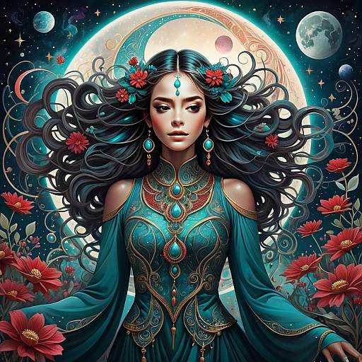 Mystical Woman in Teal and Gold Dress with Cosmic Background Digital Art