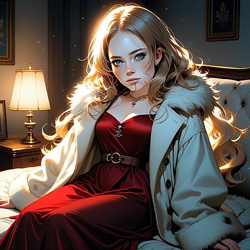 Elegant Anime Woman in Red Dress with Fur Coat in Cozy Interior