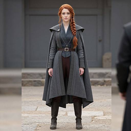 Woman in Medieval-inspired Grey Cloak with Braided Red Hair