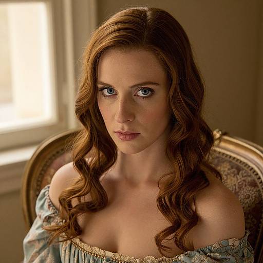 Vintage Style Portrait of Red-Haired Woman in Ornate Chair