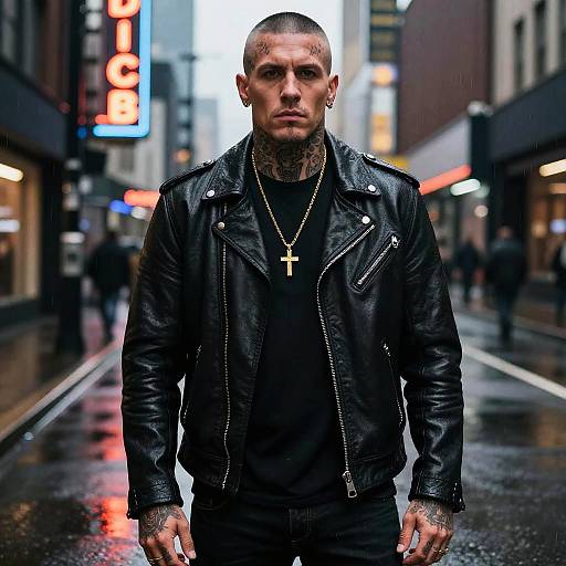 Edgy Tattooed Man in Leather Jacket on Rainy Urban Street