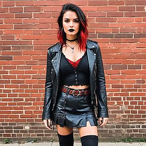 Confident young woman in edgy fashion against brick wall