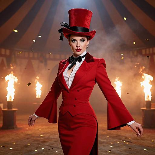 Circus Ringmaster Woman in Red Tailored Suit and Top Hat