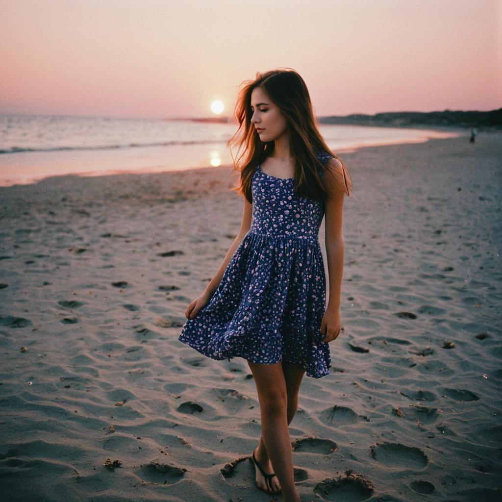 Young Woman Walking on Beach at Sunset in Blue Floral Dress Young Woman Walking on Beach at Sunset in Blue Floral Dress