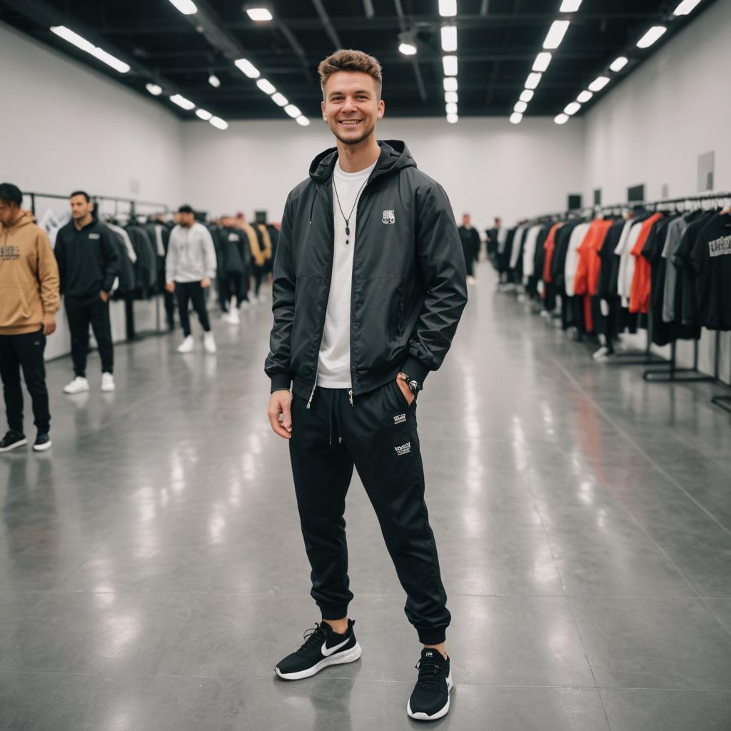 Smiling Man in Casual Athletic Outfit at Clothing Store