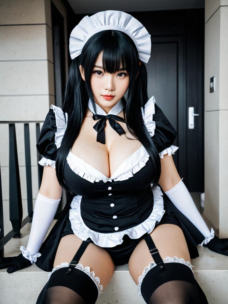 French Maid Cosplay Woman Realistic Indoor Portrait