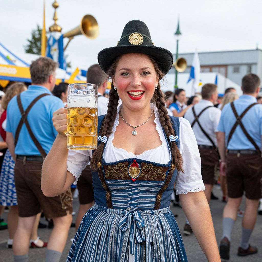Happy Woman in Traditional Bavarian Dress Holding Beer at Oktoberfest Celebration