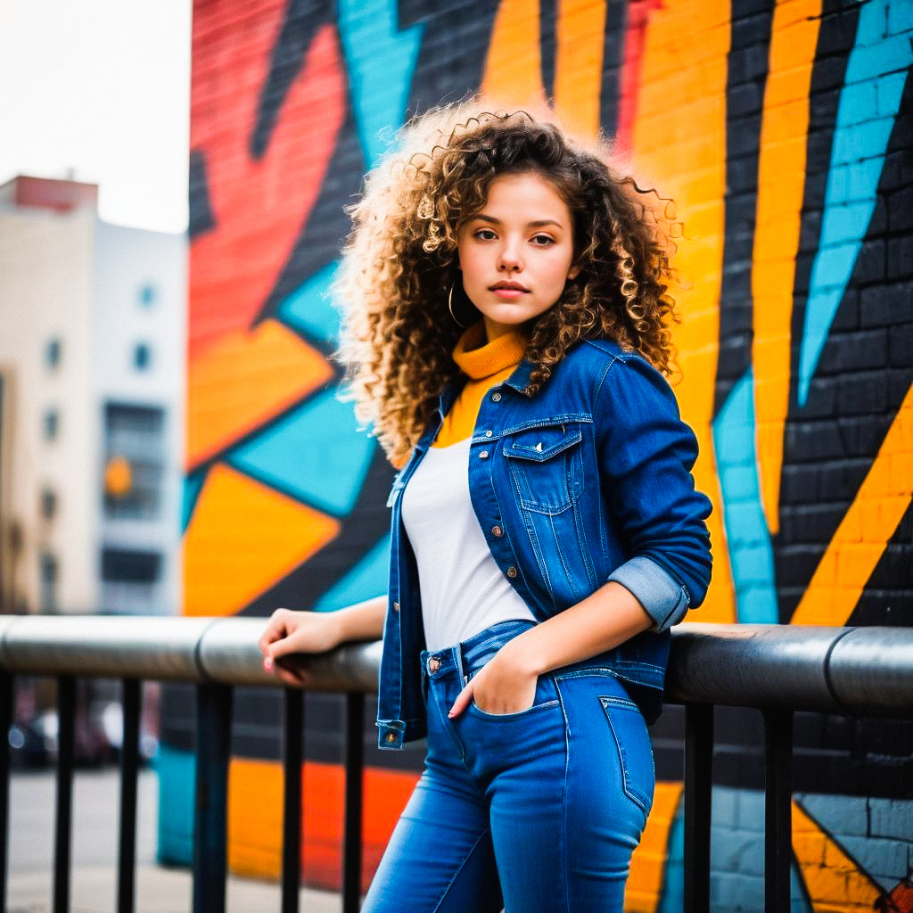 Young Woman in Denim Jacket Against Graffiti Wall