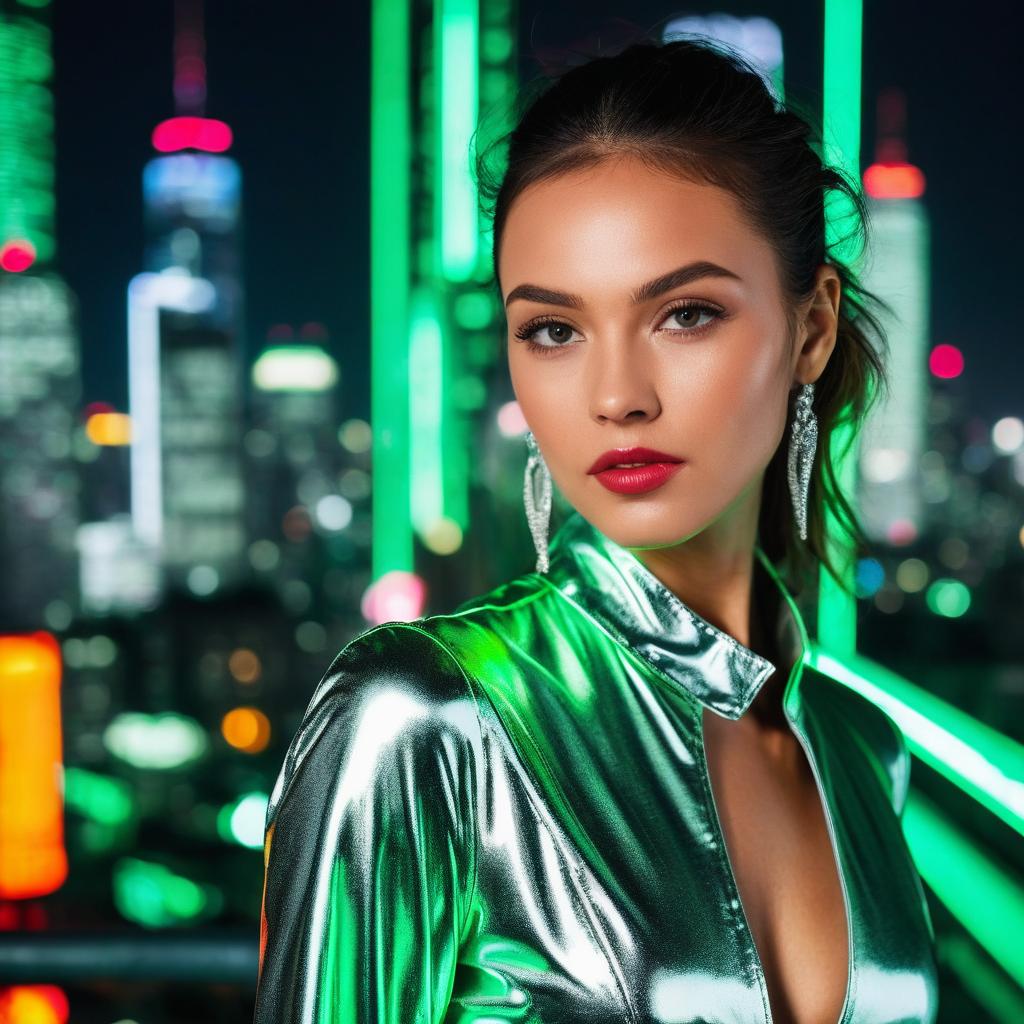 Confident Woman in Metallic Jacket Against Neon Urban Nightscape