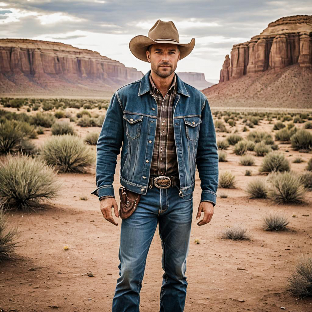 Cowboy in Denim Jacket Standing in Desert with Red Rock Formations