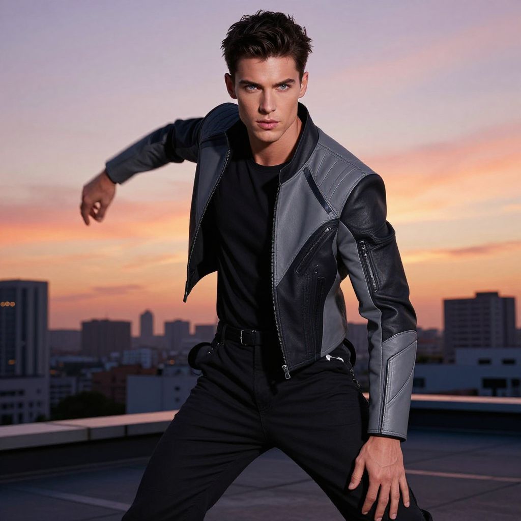Stylish Young Man in Black and Gray Leather Jacket on Rooftop at Sunset