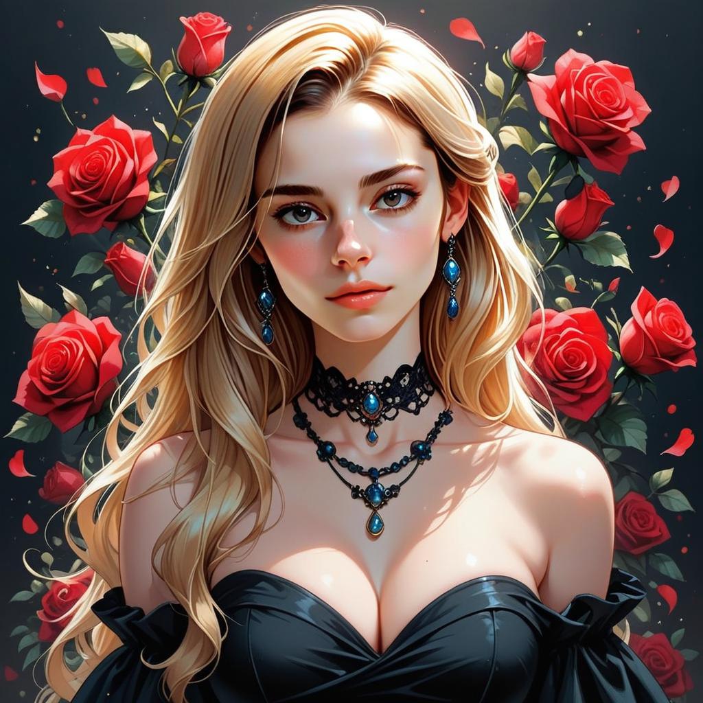 Blonde Woman in Black Dress with Red Roses