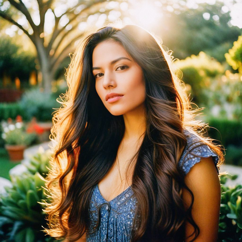 Woman in Soft Sunlight with Lush Greenery