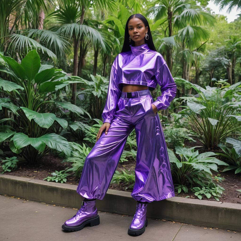 Woman in Shiny Metallic Purple Outfit Outdoors in Greenery