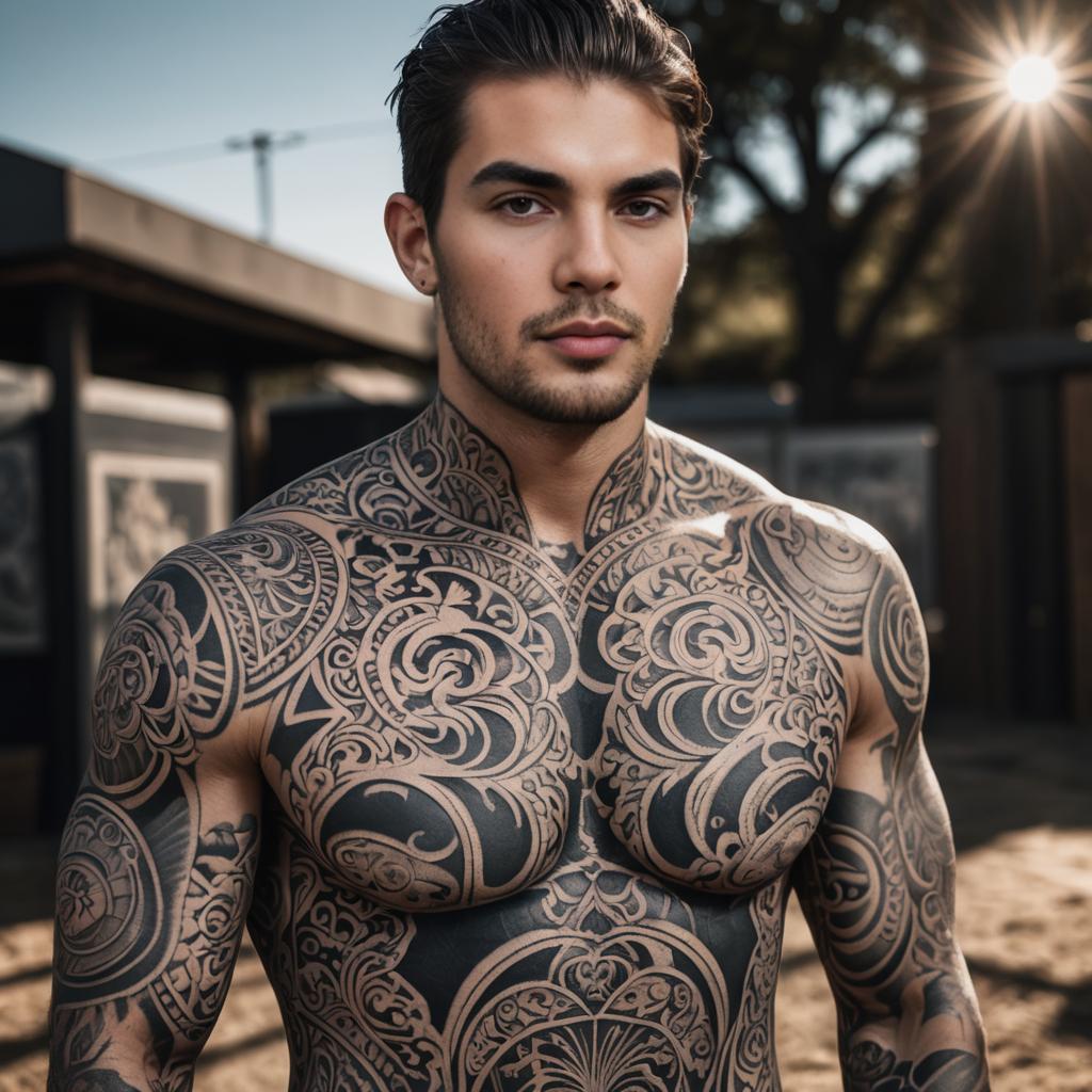 Man with Tribal Tattoos Outdoors