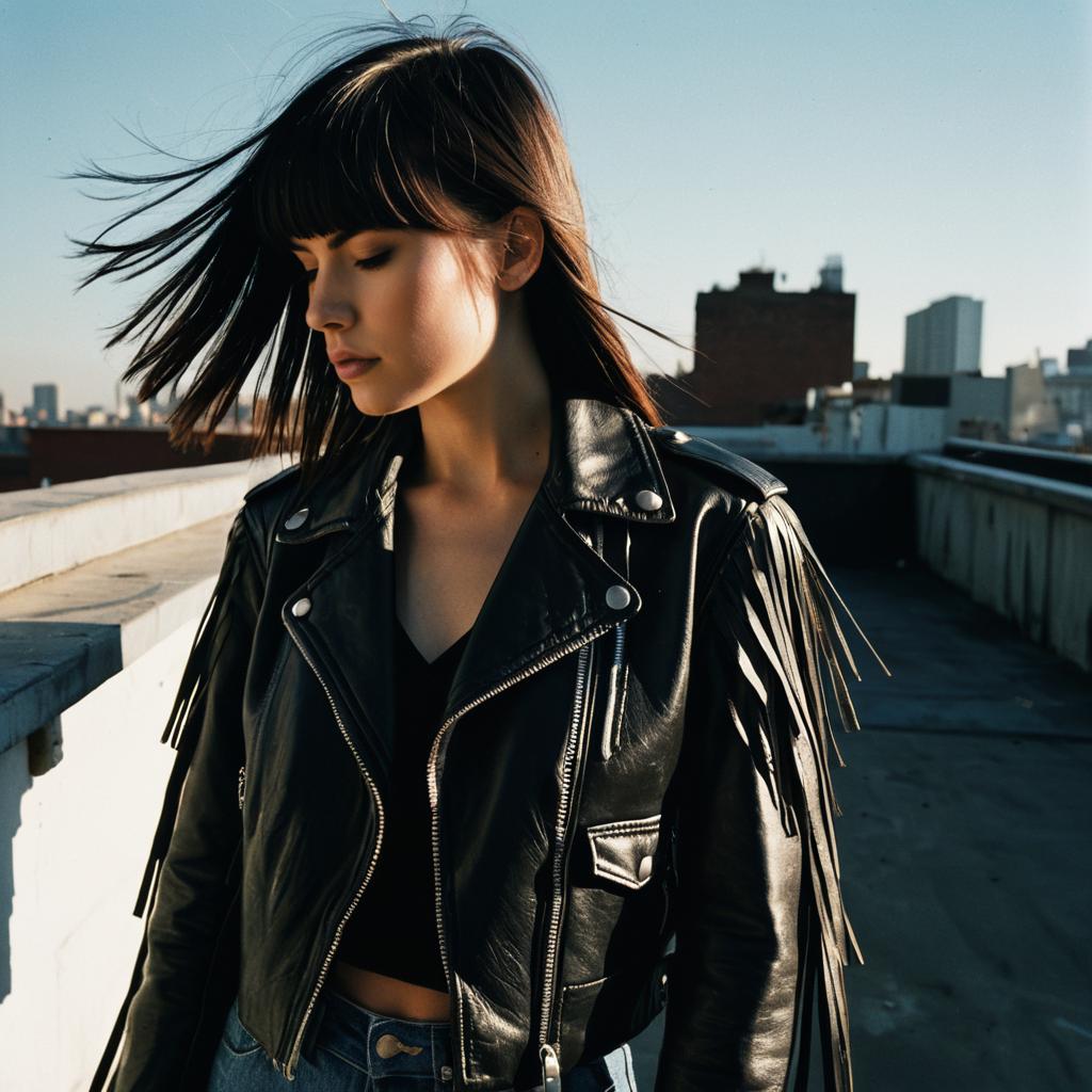 Young Woman in Black Leather Fringe Jacket on Rooftop Urban Background