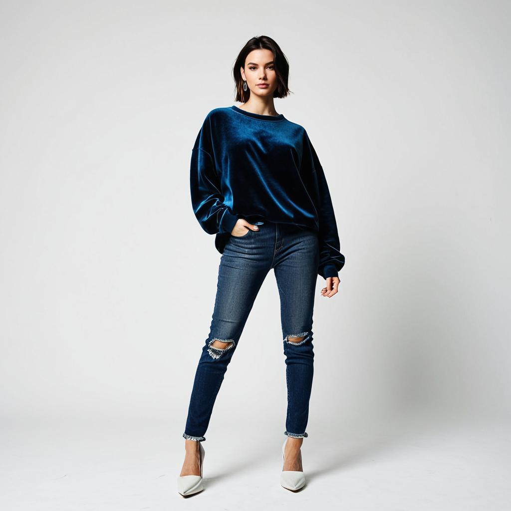 Woman in Blue Velvet Sweatshirt and Ripped Jeans Fashion Portrait