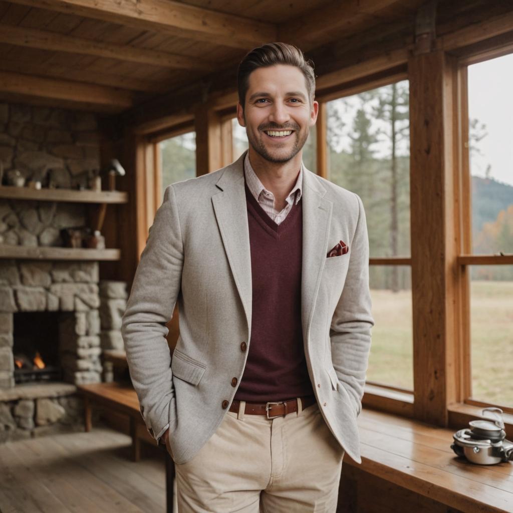 Smiling Man in Smart Casual Attire in Cozy Wooden Interior